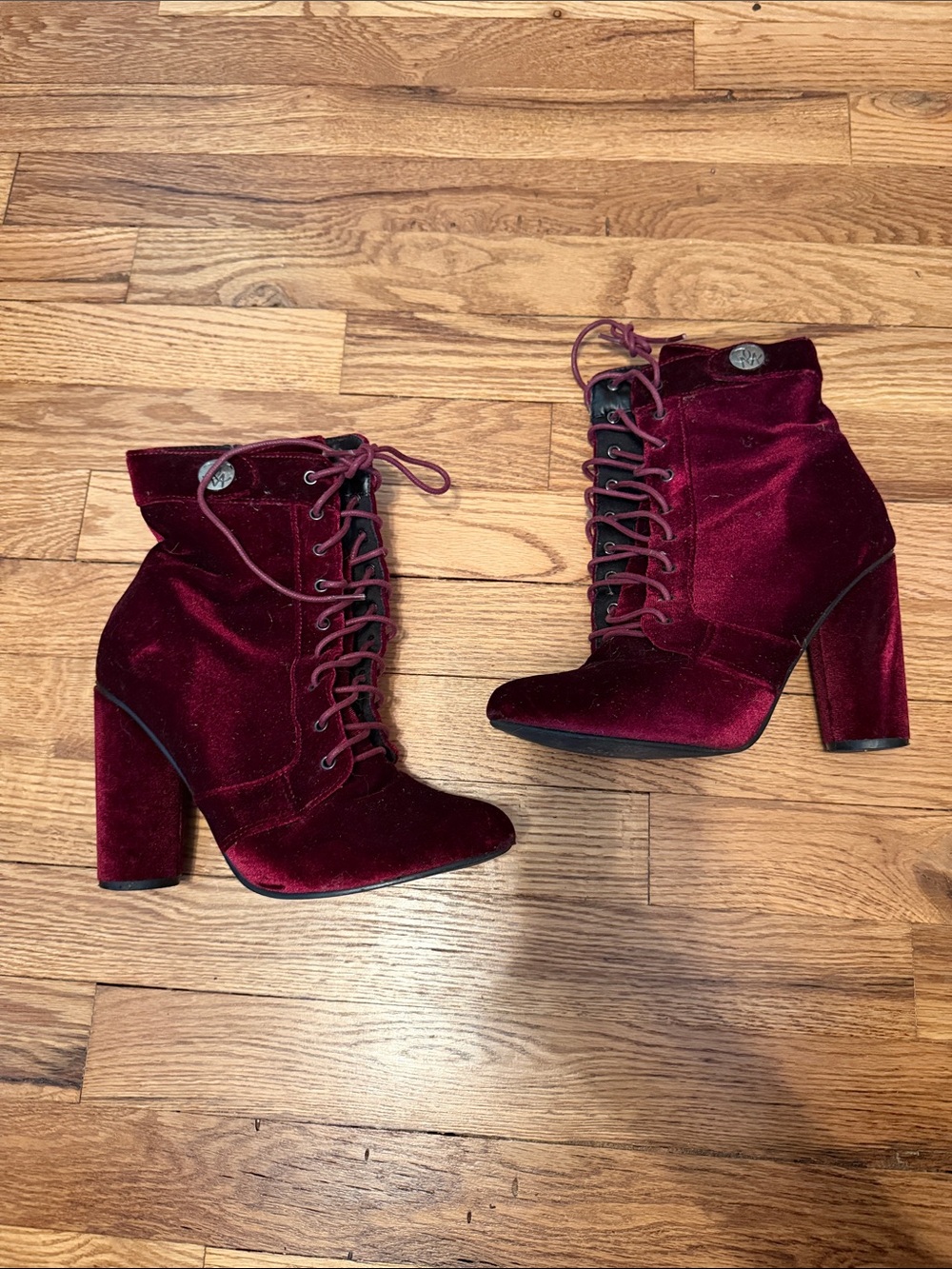 Catherines Burgundy Velvet Lace-Up Block Heel Boots
